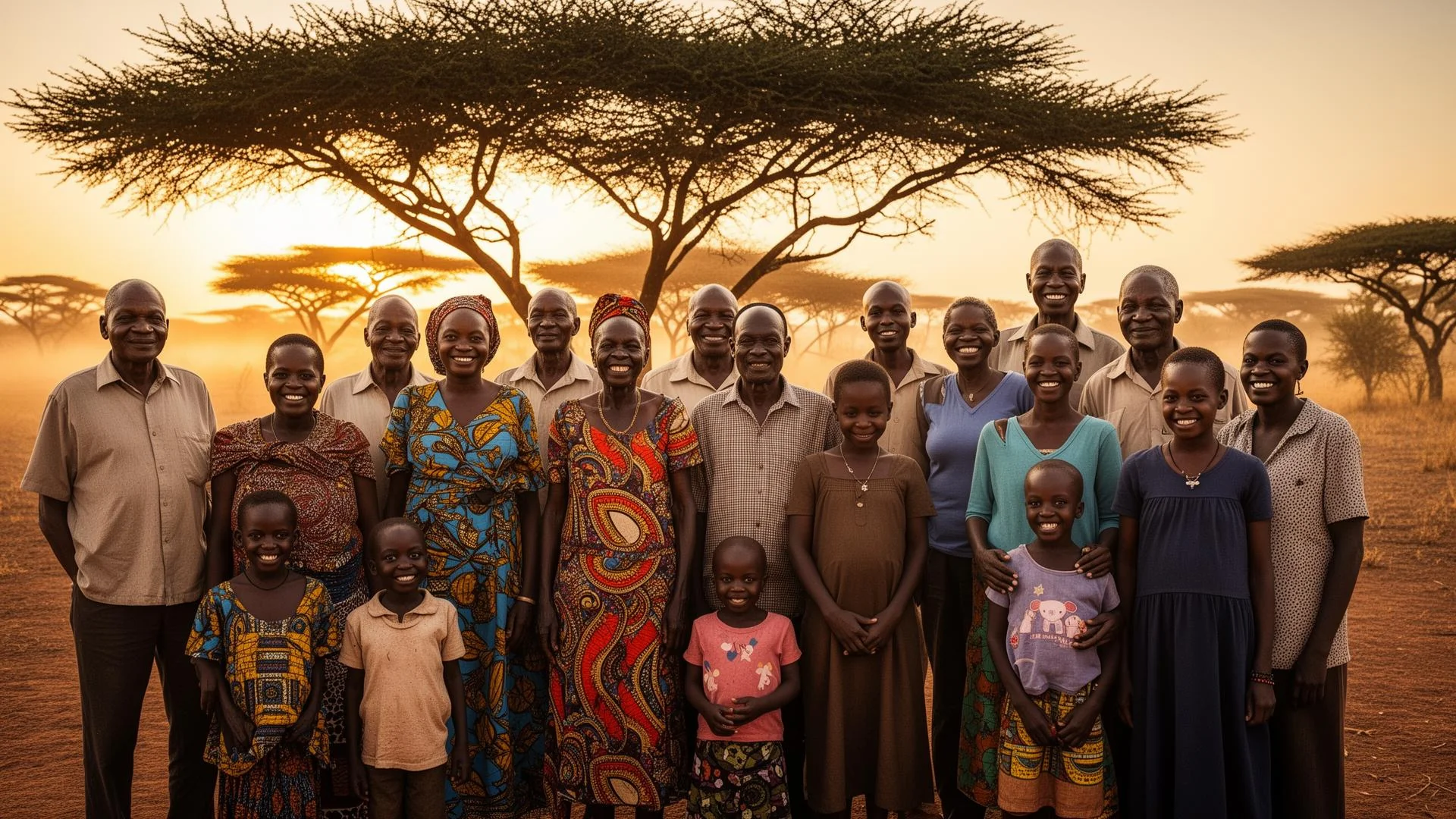Multiple generations of the Desterio family standing together at golden hour under an acacia tree