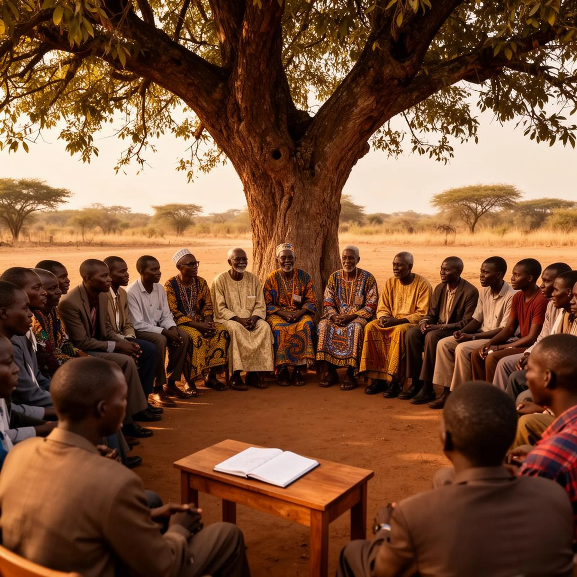 Elders and youth of the Desterio family seated in a circle under a large tree, holding a family meeting