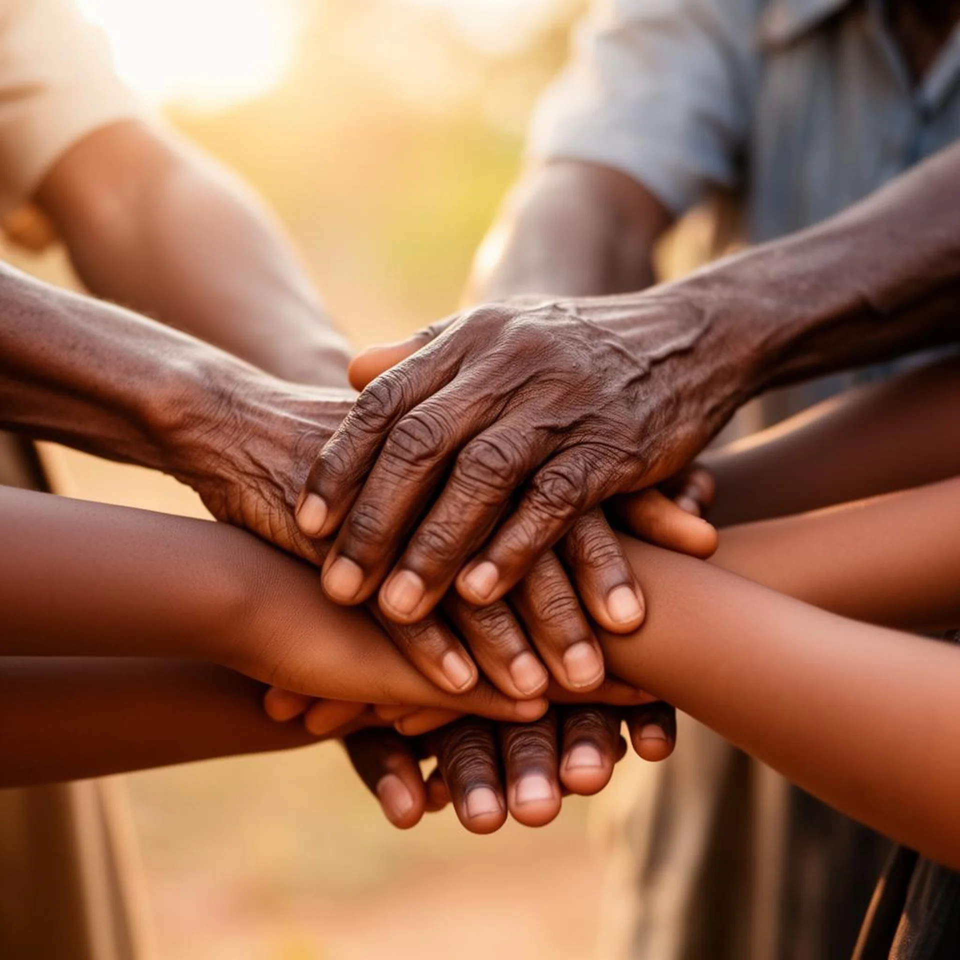 Hands of different generations of the Desterio family stacked together in unity